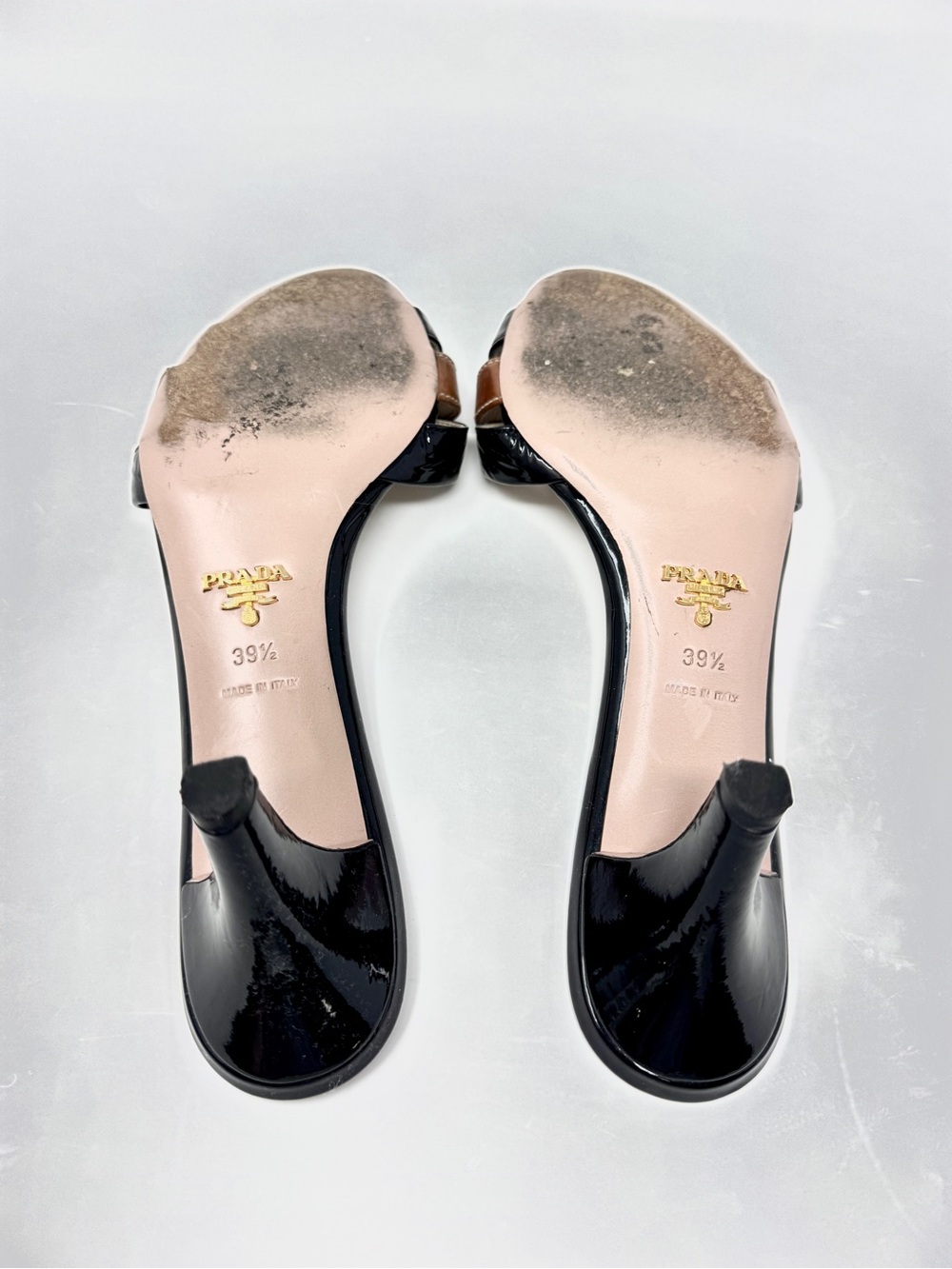 Prada Women's Black Brown Patent Leather Bow Kitten Heel Slide Mules Sandals - Picture 8 of 11